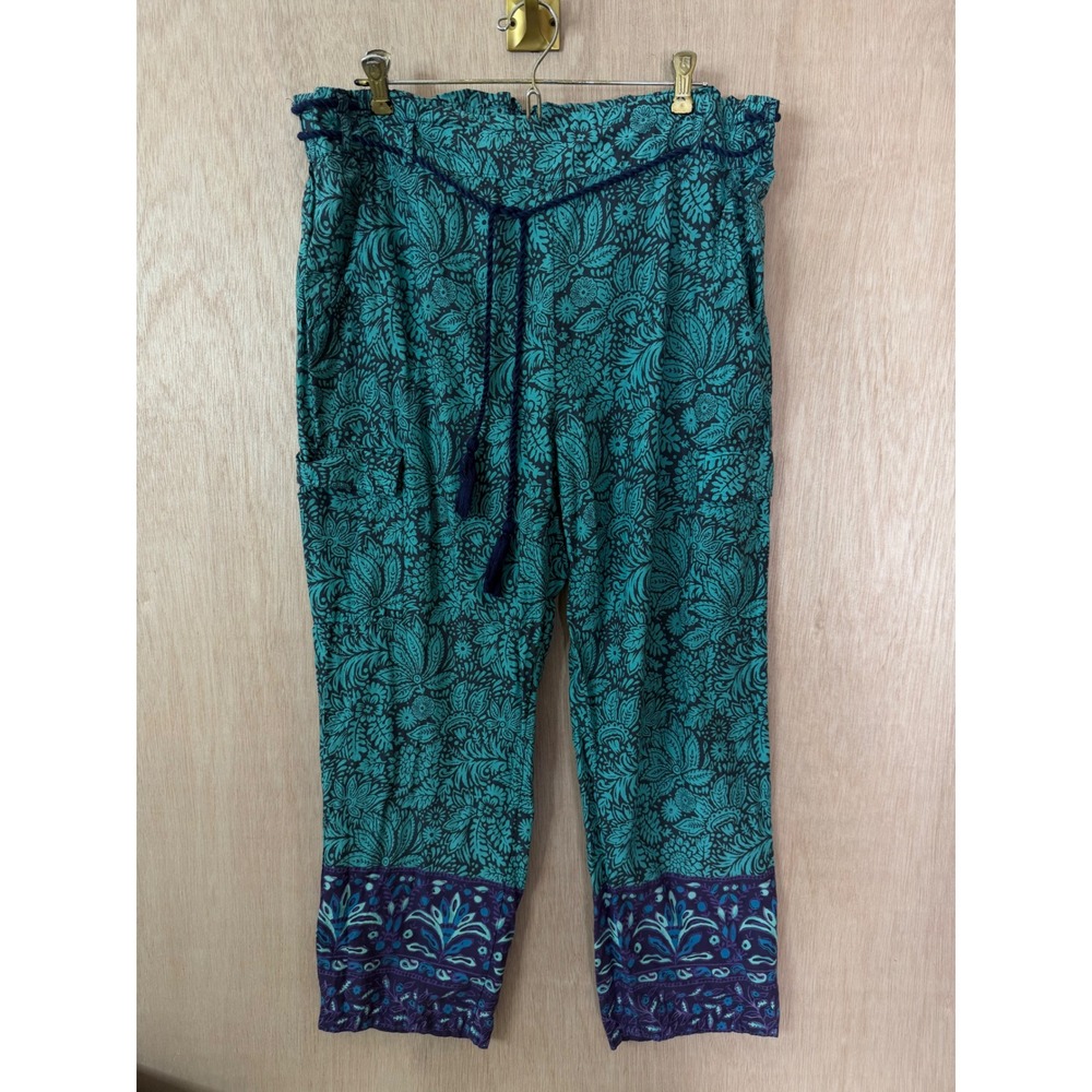 Sundance Teal Floral Print Cropped Pants Elastic Waist Tassel Boho Size L